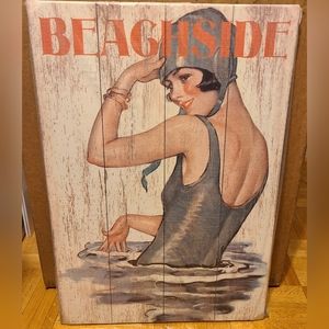 Vintage Art Retro Beachside Bathing Beauty Swimmer Diver Pool Wood Sign NEW